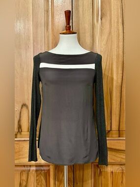 Bailey 44 Mesh-Trimmed Silk/Rayon/Spandex Long-Sleeve Top, EUC, XS